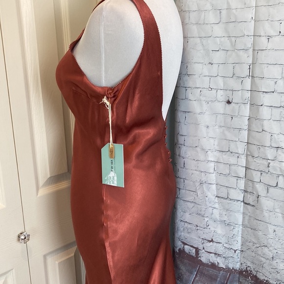If By The Sea NWT Anthropologie Maxi Dress Button Back Train Detail Copper Sz S - Picture 6 of 16